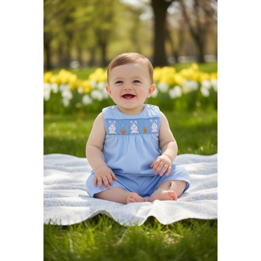 Edgehill Collection Round Neck Sleeveless Smocked Bunny Gingham Plaid Romper 12M